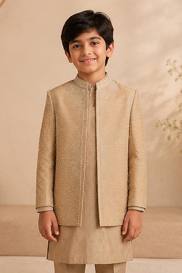 Desert Gold Dupion Silk Hand Embroidered Indowestern Set For Boys by Shreyansh Designs Kids at Pernia's Pop Up Shop