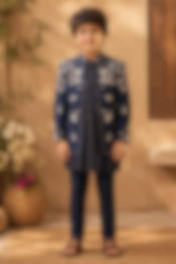Midnight Blue Dupion Silk Hand Embroidered Indowestern Set For Boys by Shreyansh Designs Kids at Pernia's Pop Up Shop
