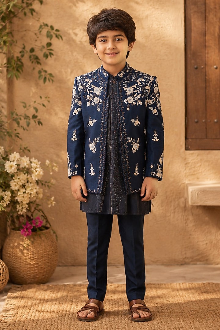 Midnight Blue Dupion Silk Hand Embroidered Indowestern Set For Boys by Shreyansh Designs Kids at Pernia's Pop Up Shop