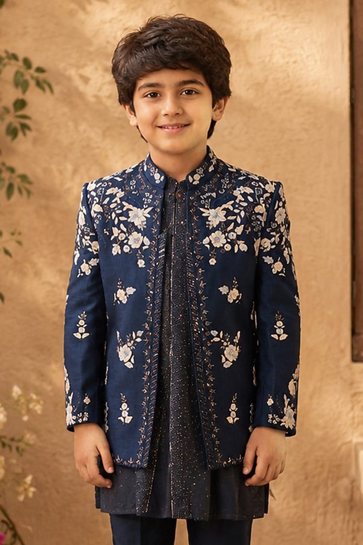 Midnight Blue Dupion Silk Hand Embroidered Indowestern Set For Boys by Shreyansh Designs Kids at Pernia's Pop Up Shop