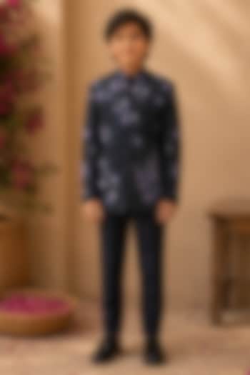 Midnight Blue Dupion Silk Hand Embroidered Bandhgala Set For Boys by Shreyansh Designs Kids at Pernia's Pop Up Shop