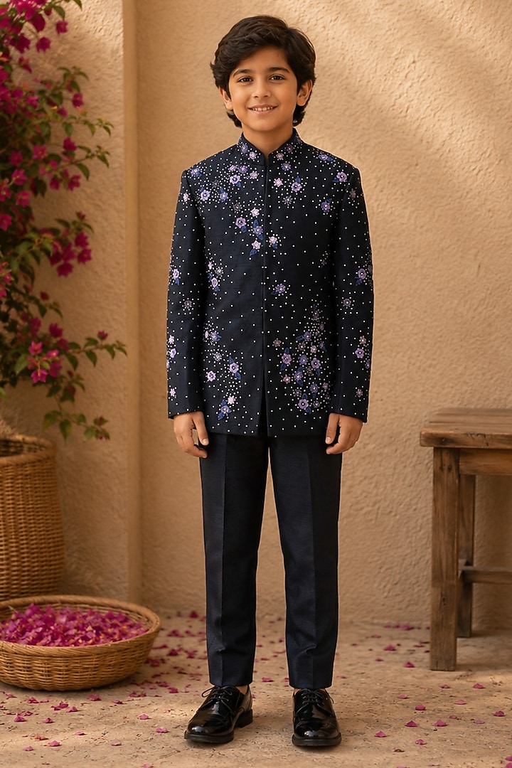Midnight Blue Dupion Silk Hand Embroidered Bandhgala Set For Boys by Shreyansh Designs Kids at Pernia's Pop Up Shop