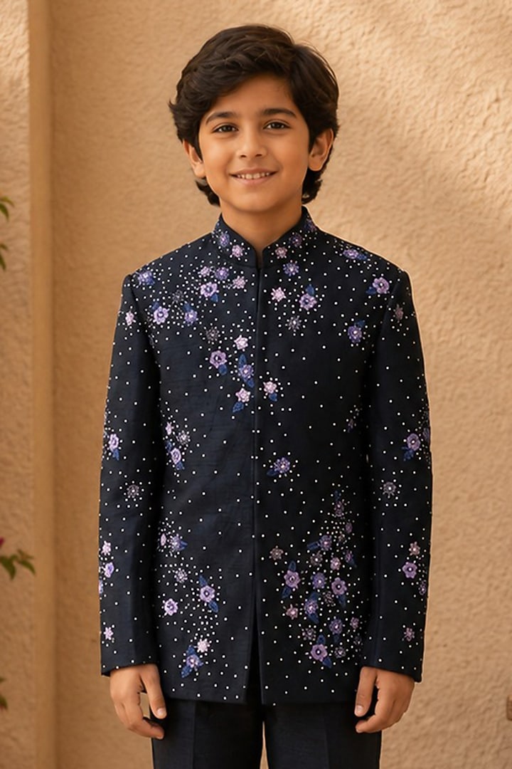 Midnight Blue Dupion Silk Hand Embroidered Bandhgala Set For Boys by Shreyansh Designs Kids at Pernia's Pop Up Shop