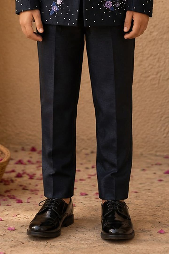 Midnight Blue Dupion Silk Hand Embroidered Bandhgala Set For Boys by Shreyansh Designs Kids at Pernia's Pop Up Shop