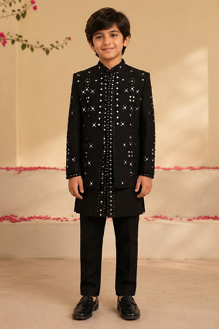 Black Dupion Silk Hand Embroidered Indowestern Set For Boys by Shreyansh Designs Kids at Pernia's Pop Up Shop