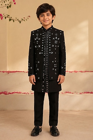 Black Dupion Silk Hand Embroidered Indowestern Set For Boys by Shreyansh Designs Kids