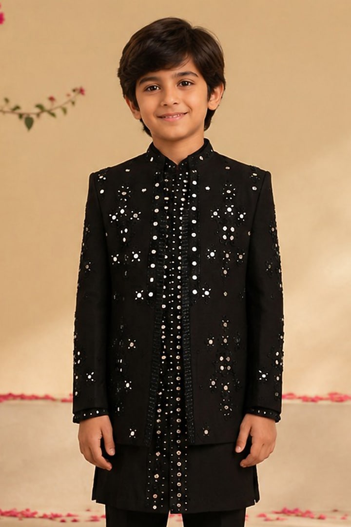 Black Dupion Silk Hand Embroidered Indowestern Set For Boys by Shreyansh Designs Kids at Pernia's Pop Up Shop