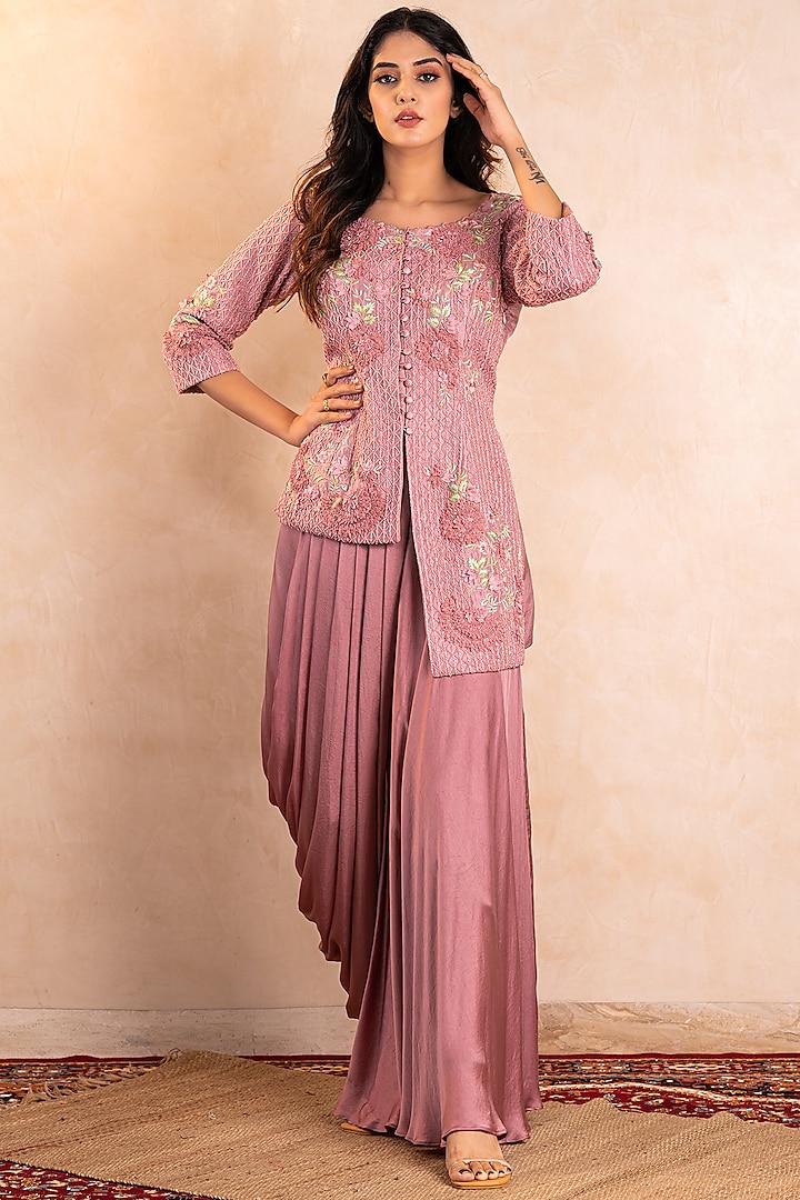 Dull Pink Embroidered Pleated Skirt Set by Shikha & Srishti