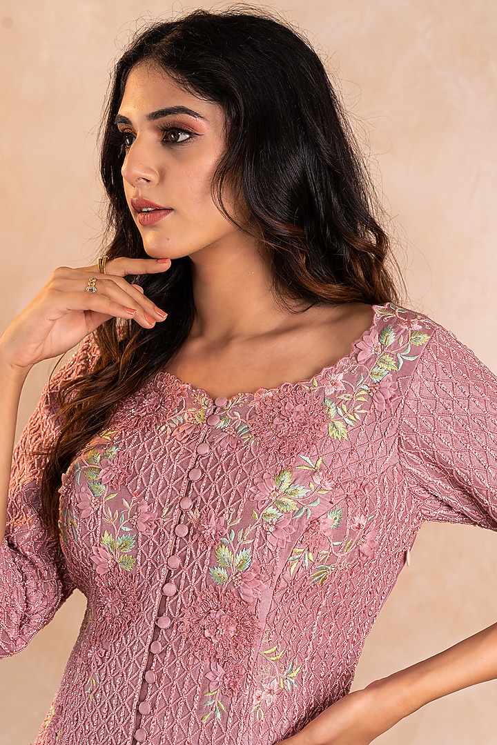 Dull Pink Embroidered Pleated Skirt Set by Shikha & Srishti at Pernia's Pop Up Shop