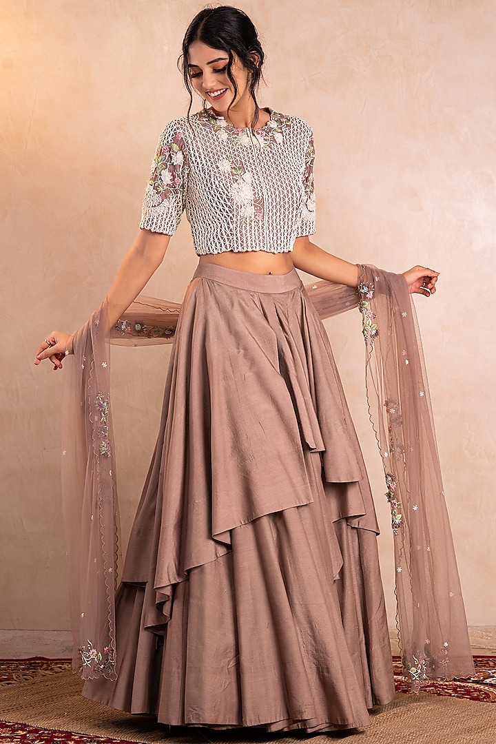 Brown Modal Silk Layered Wedding Lehenga Set by Shikha & Srishti at Pernia's Pop Up Shop