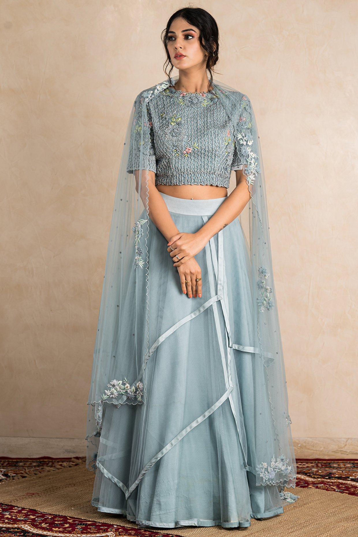 Powder Blue Net Layered Lehenga Set by Shikha & Srishti