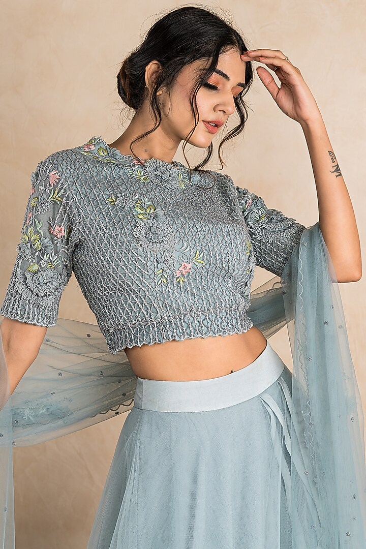 Powder Blue Net Layered Wedding Lehenga Set by Shikha & Srishti at Pernia's Pop Up Shop