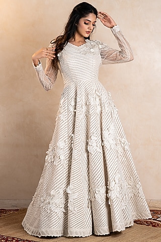 Ivory 3D Embroidered Gown by Shikha & Srishti