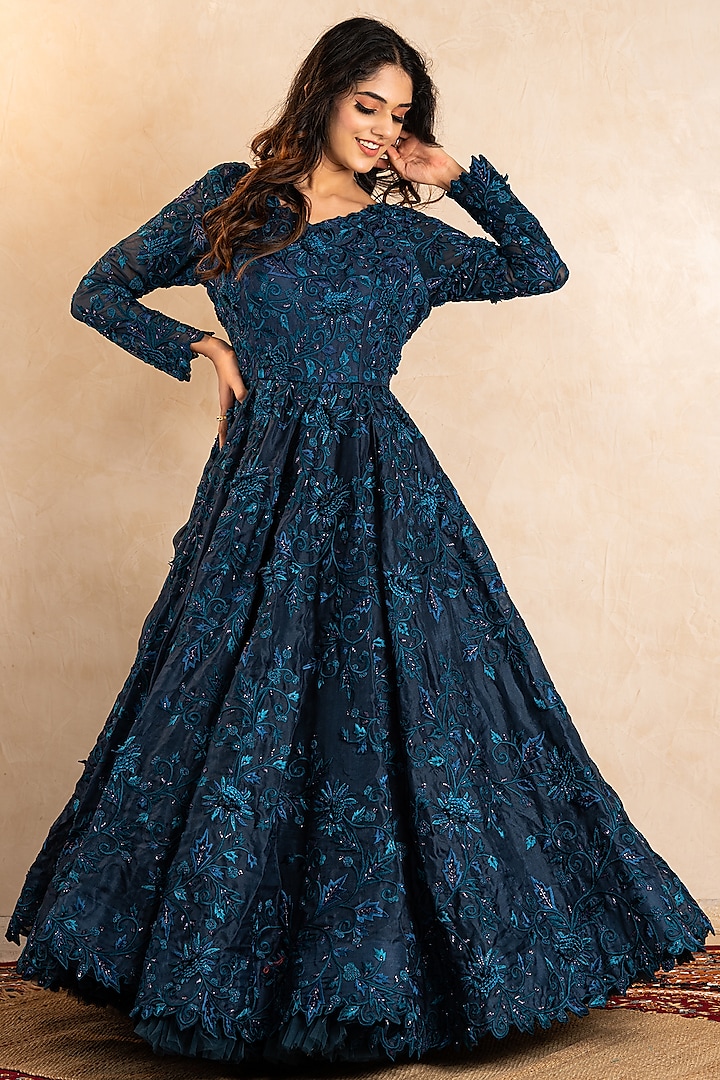 Teal Blue 3D Embroidered Gown by Shikha & Srishti