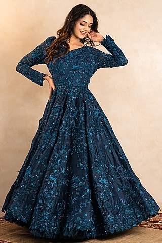 Teal Blue 3D Embroidered Gown by Shikha & Srishti