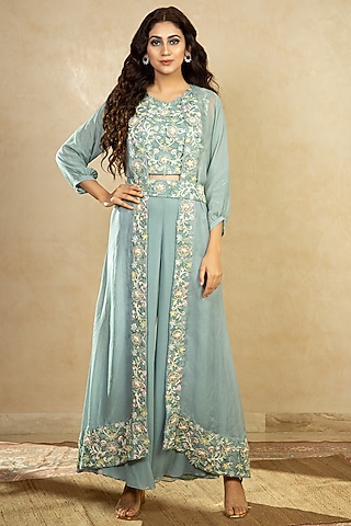 Powder Blue 3D Embroidered Jacket Set by Shikha & Srishti