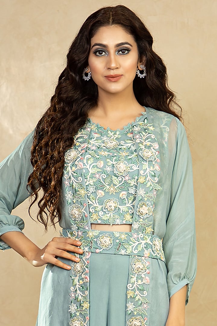 Powder Blue 3D Embroidered Jacket Set by Shikha & Srishti at Pernia's Pop Up Shop