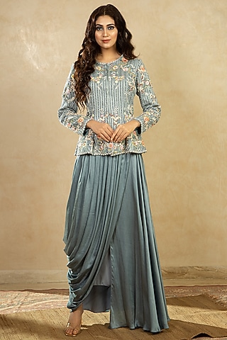 Light Blue Jaal Embroidered Jacket Set by Shikha & Srishti