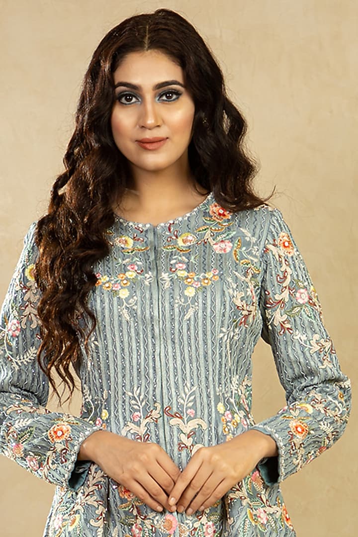 Light Blue Jaal Embroidered Jacket Set by Shikha & Srishti at Pernia's Pop Up Shop