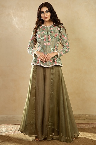 Olive Green Jaal Embroidered Jacket Set by Shikha & Srishti