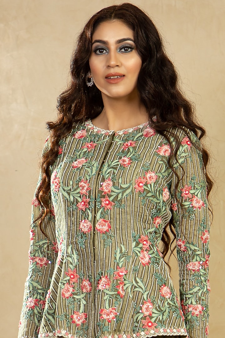 Olive Green Jaal Embroidered Jacket Set by Shikha & Srishti at Pernia's Pop Up Shop