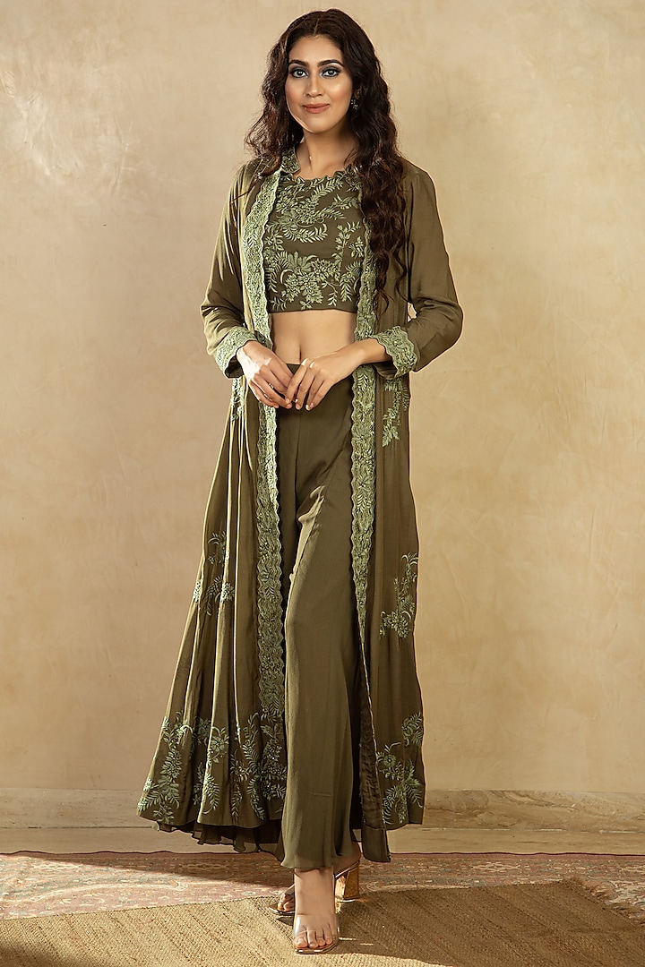 Olive Green Embroidered Long Jacket Set by Shikha & Srishti