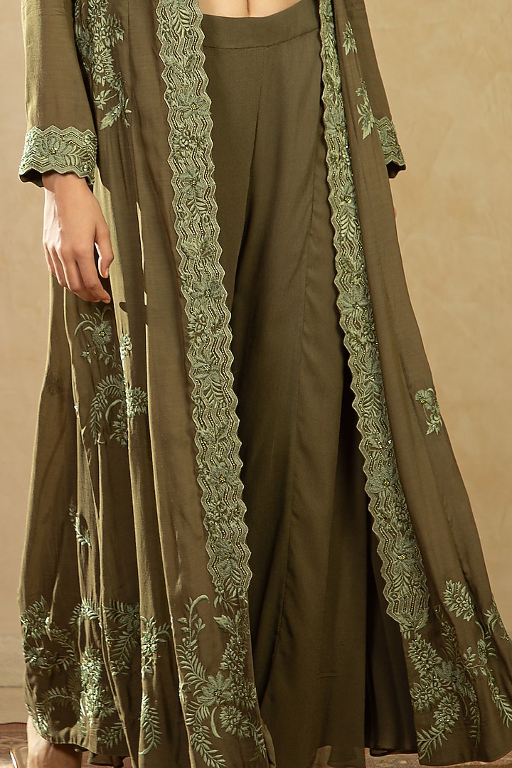 Olive Green Embroidered Long Jacket Set by Shikha & Srishti at Pernia's Pop Up Shop