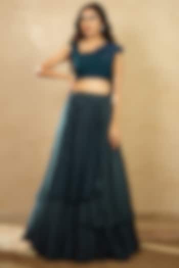Teal Blue Modal Silk Three Layered Skirt Set by Shikha & Srishti