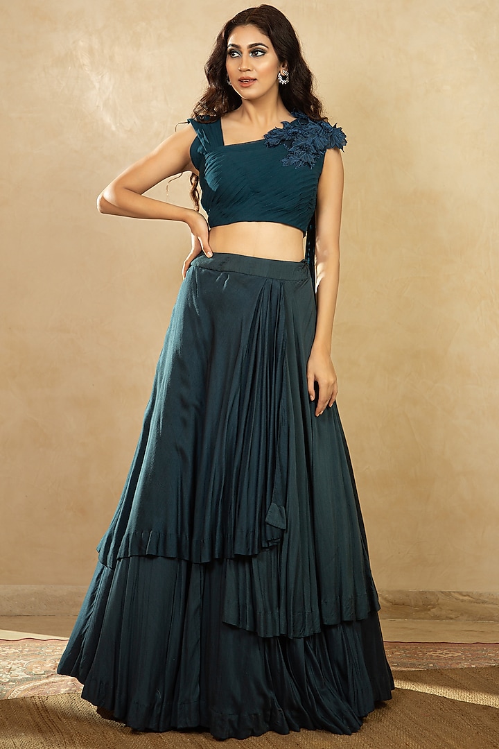 Teal Blue Modal Silk Three Layered Skirt Set by Shikha & Srishti