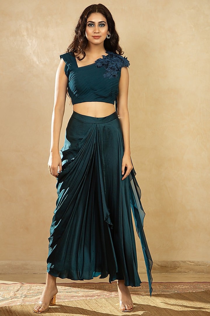 Teal Blue Satin Draped Skirt Set by Shikha & Srishti