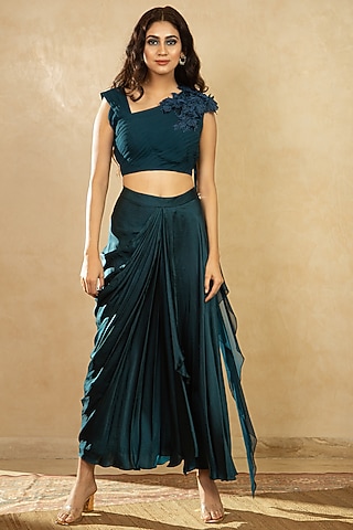 Teal Blue Satin Draped Skirt Set by Shikha & Srishti