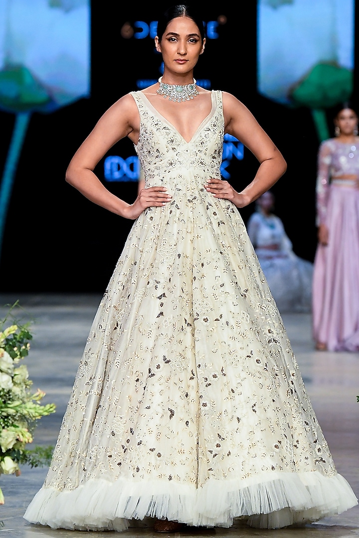 Ivory 3D Embroidered Gown by Shikha & Srishti
