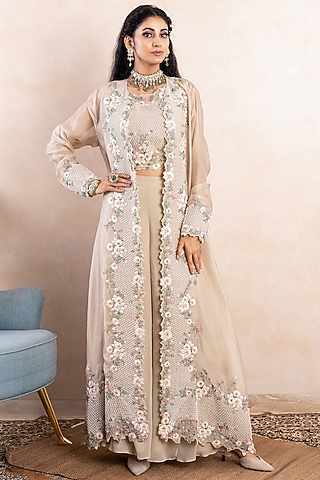 Ivory Embroidered Jacket Set by Shikha & Srishti
