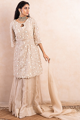 Beige Crepe Sharara Set by Shikha & Srishti