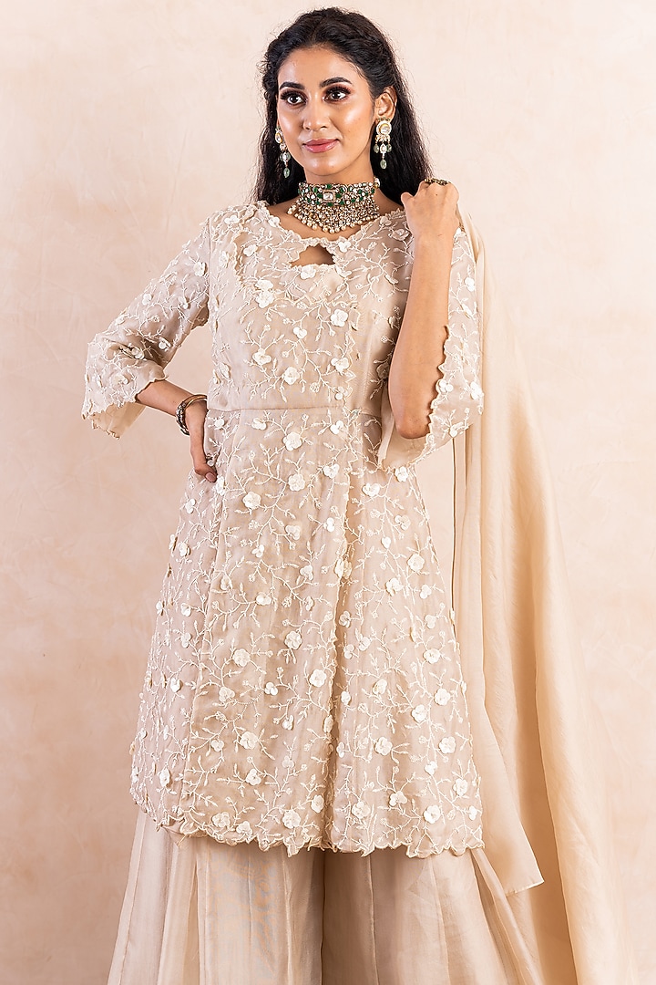 Beige Crepe Bridal Sharara Set by Shikha & Srishti at Pernia's Pop Up Shop