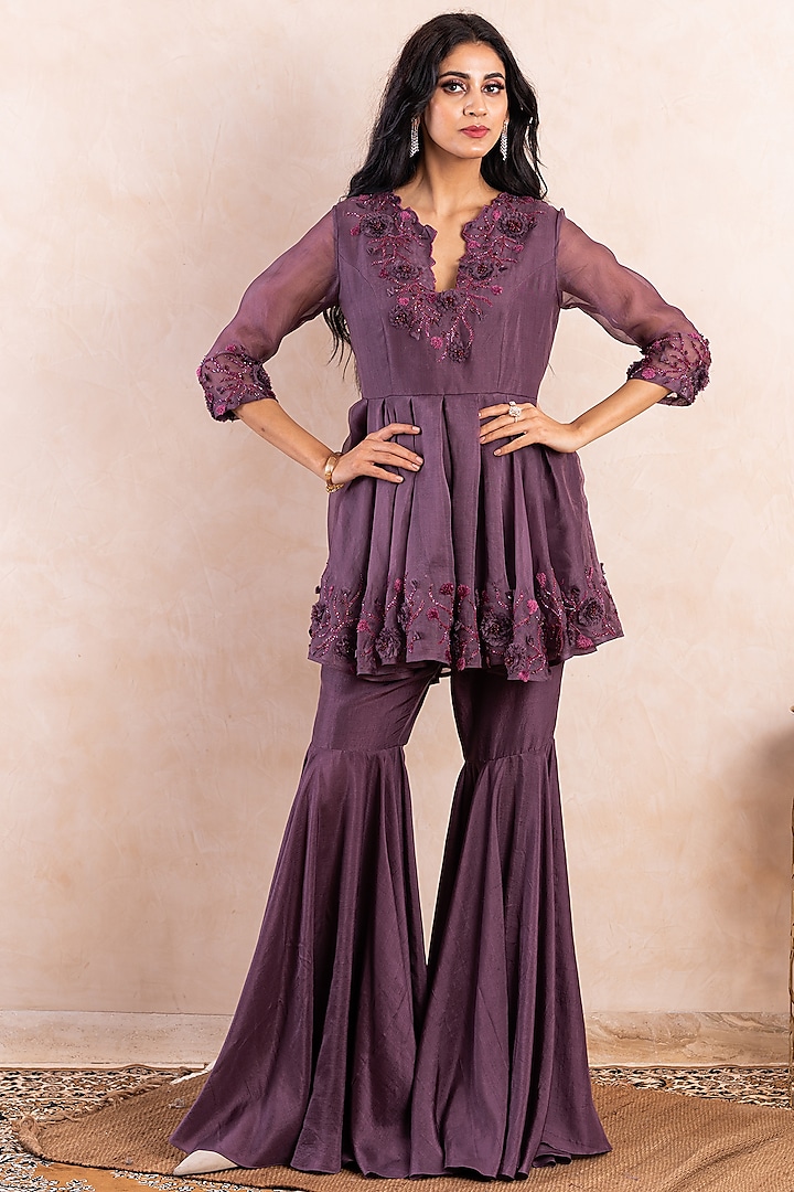 Purple Silk Gharara Set by Shikha & Srishti