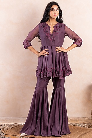 Purple Silk Gharara Set by Shikha & Srishti