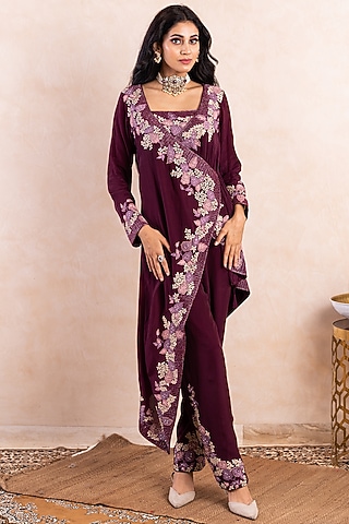 Purple High-Low Embroidered Jacket Set by Shikha & Srishti