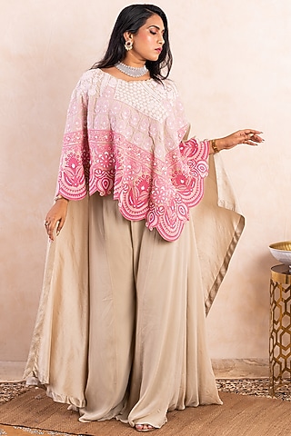 Beige Embroidered Cape Set by Shikha & Srishti