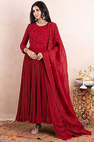 Red Embroidered Anarkali Set by Shikha & Srishti