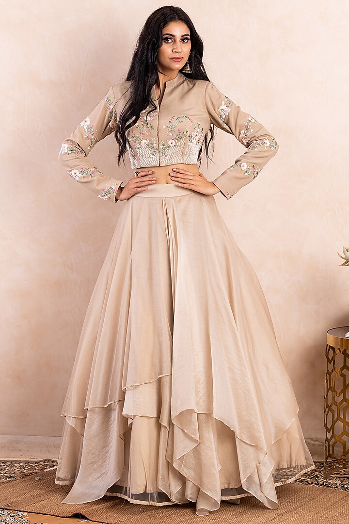 Beige Modal Silk Skirt Set by Shikha & Srishti