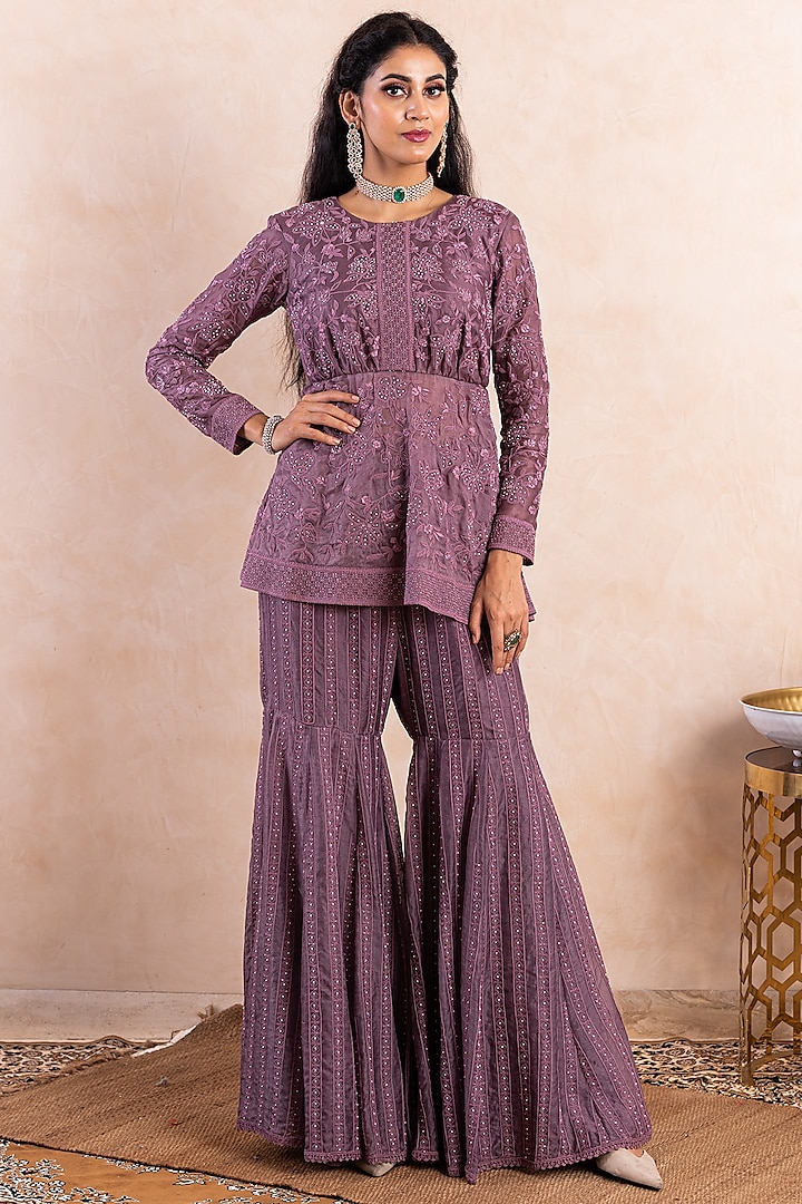 Purple Silk Gharara Set by Shikha & Srishti