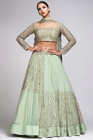 Sea Green Net Embroidered Lehenga Set by Shruti S