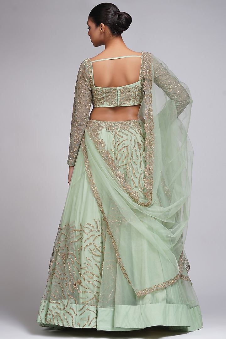 Sea Green Net Embroidered Wedding Lehenga Set by Shruti S at Pernia's Pop Up Shop