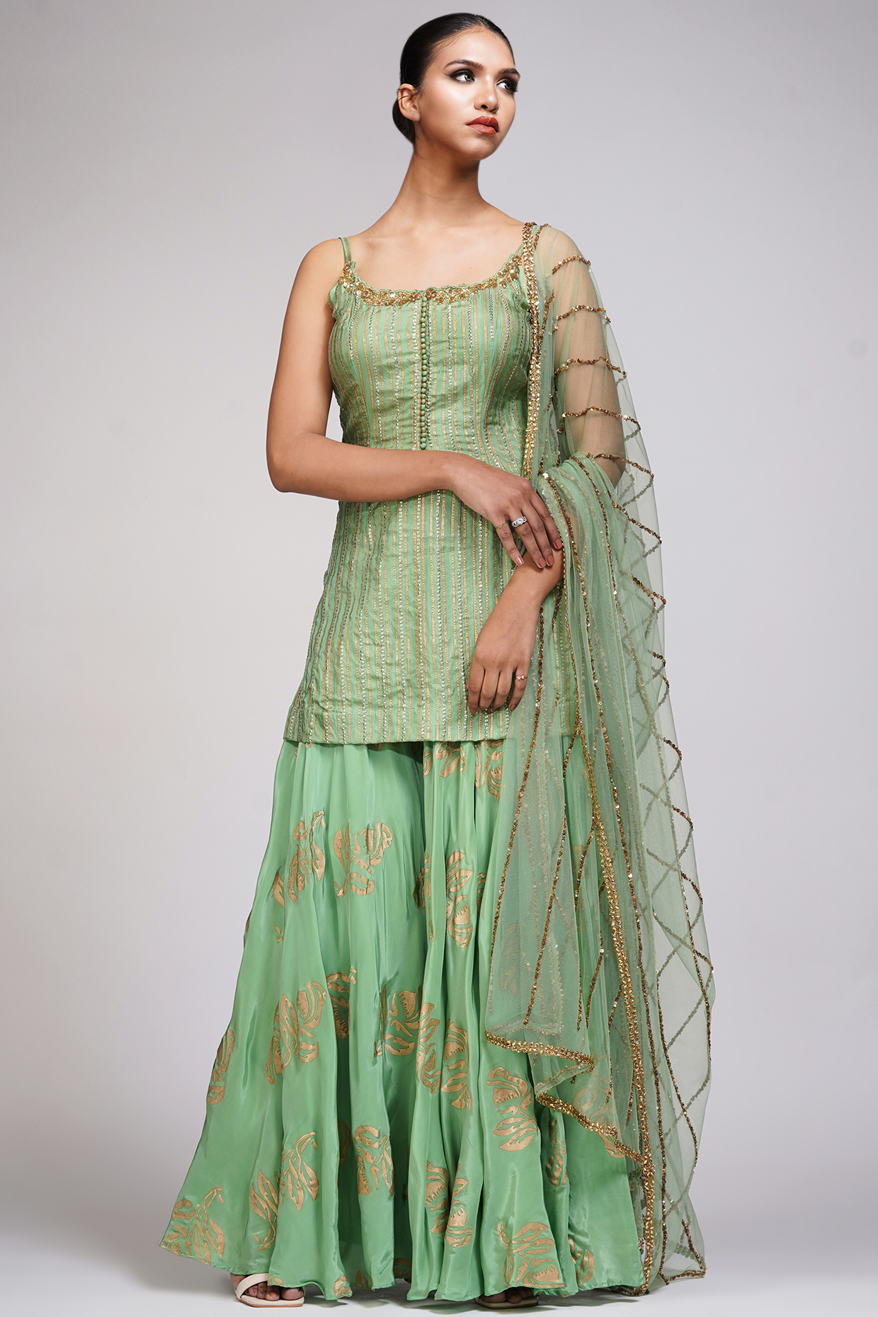 Sage Green Crepe Hand Painted Sharara Set by Shruti S