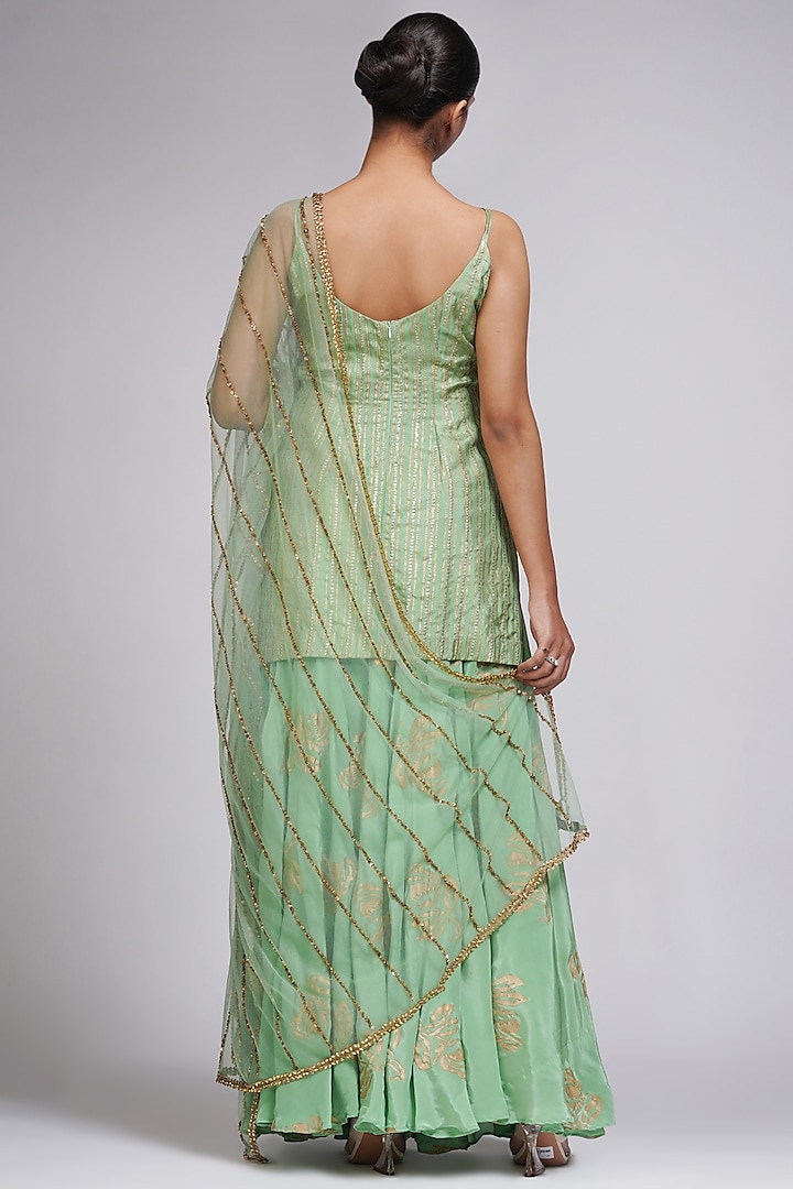 Sage Green Crepe Hand Painted Wedding Sharara Set by Shruti S at Pernia's Pop Up Shop