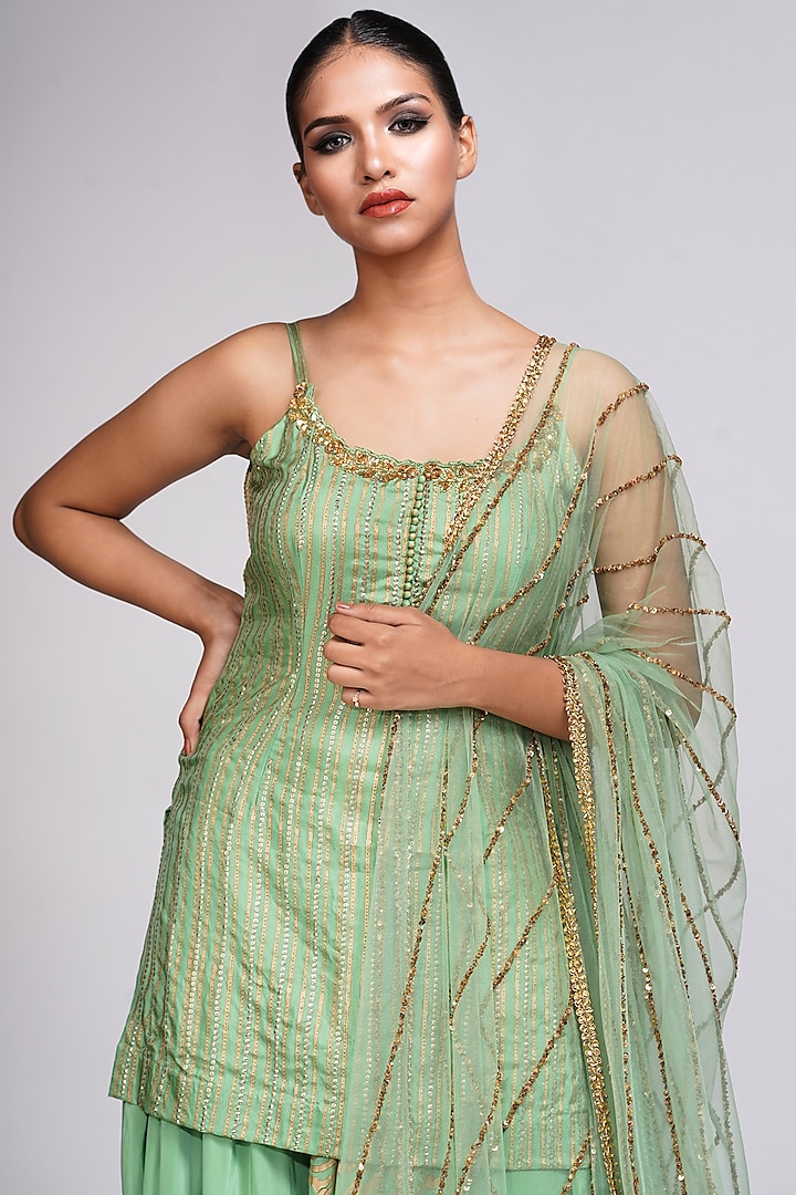 Sage Green Crepe Hand Painted Wedding Sharara Set by Shruti S at Pernia's Pop Up Shop