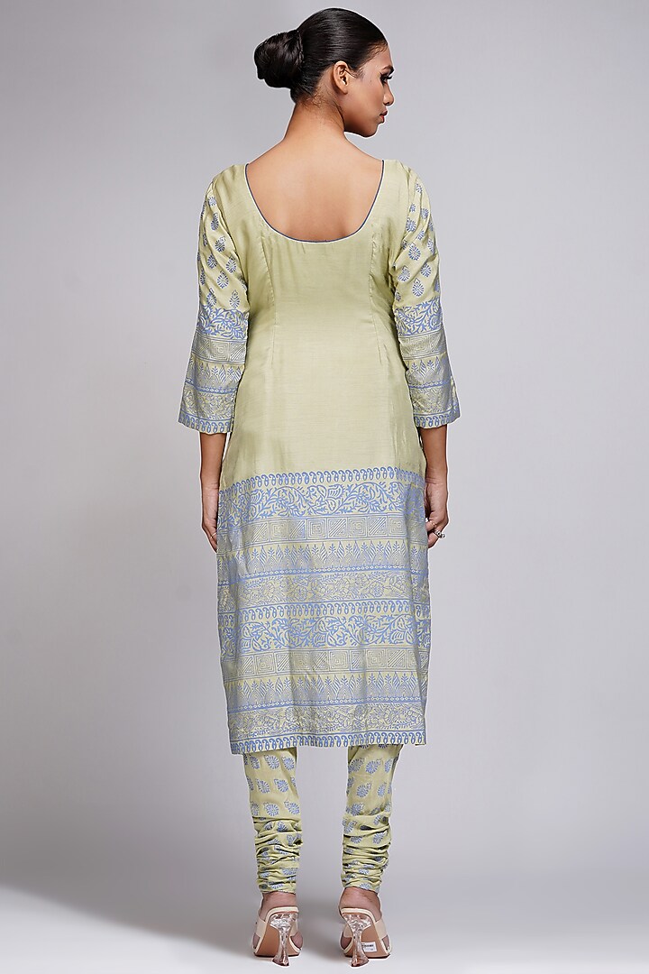 Seaweed Raw Silk Hand Block Printed Kurta Set by Shruti S at Pernia's Pop Up Shop