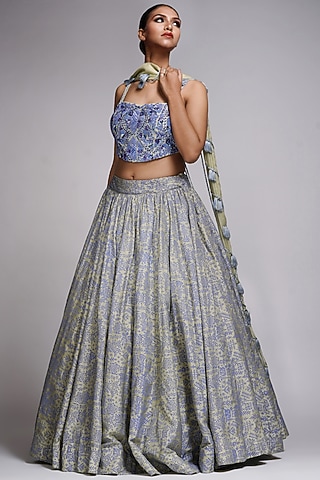 Pastel Green & Blue Silk Hand Block Painted Lehenga Set by Shruti S