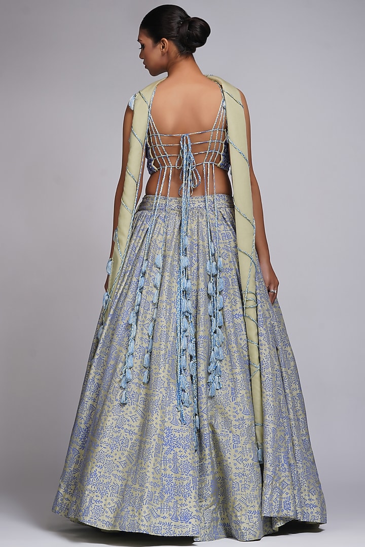 Pastel Green & Blue Silk Hand Block Painted Wedding Lehenga Set by Shruti S at Pernia's Pop Up Shop